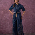 Juniper Embroidered Navy Blue Shirt & Straight Pants Co-Ord Set