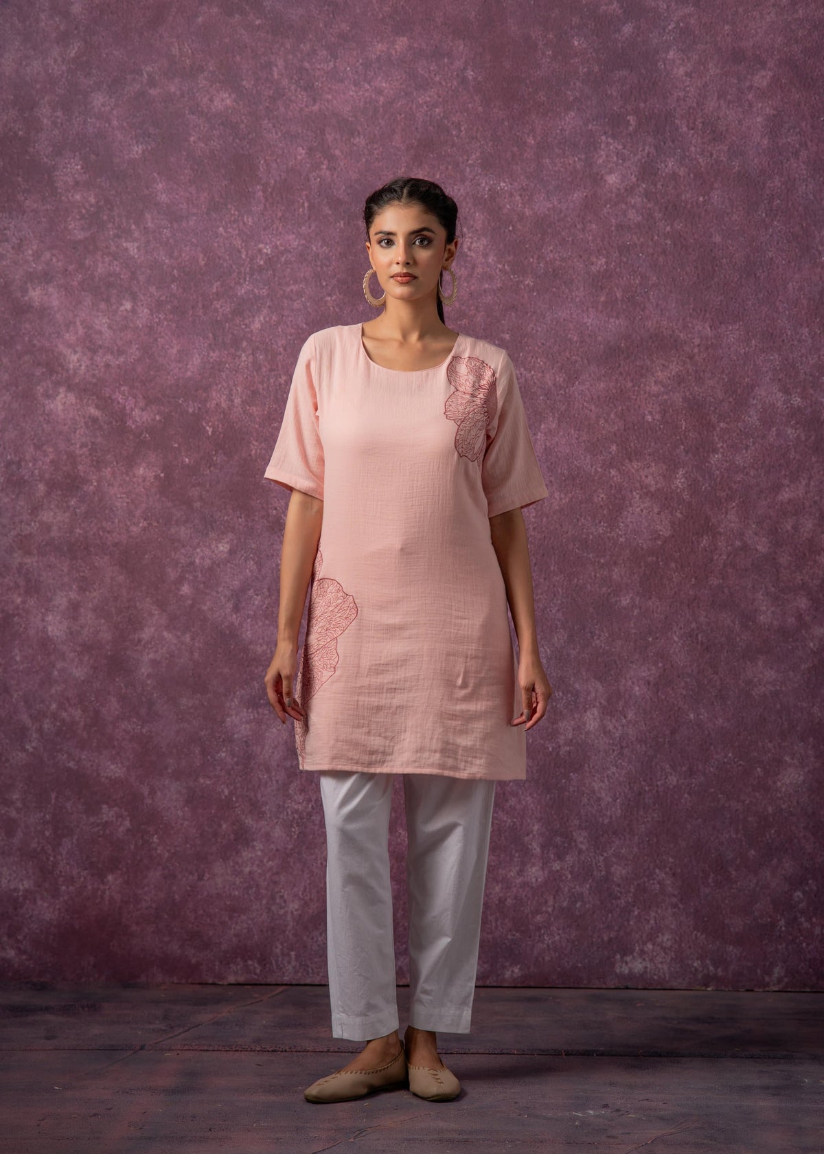 Juniper Peach Cotton Embroidered Straight Kurta For Women
