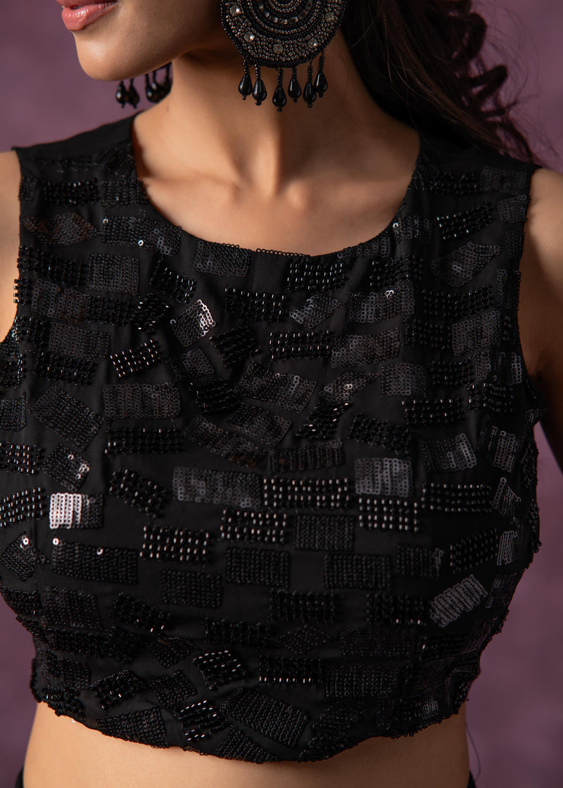 Juniper Black Solid Embellished Sleeveless Top With Beads & Sequence Work