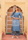 Juniper Women'S Blue Floral Print Viscose Kurta & Pant Set With Sequin And Bead Work