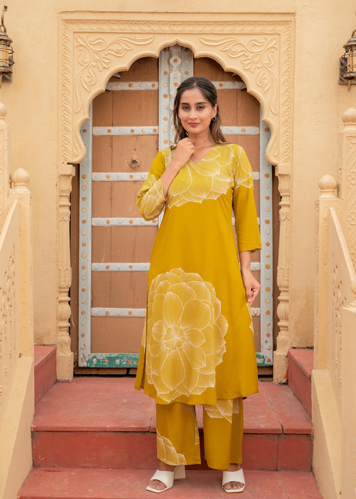 Juniper Women'S Mustard Floral Print Viscose Kurta & Pant Set With Sequin And Bead Work