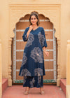 Juniper Women'S Navy Floral Print Viscose Kurta & Pant Set With Sequin And Bead Work