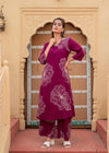 Juniper Women'S Wine Floral Print Viscose Kurta & Pant Set With Sequin And Bead Work