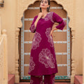 Juniper Women'S Wine Floral Print Viscose Kurta & Pant Set With Sequin And Bead Work