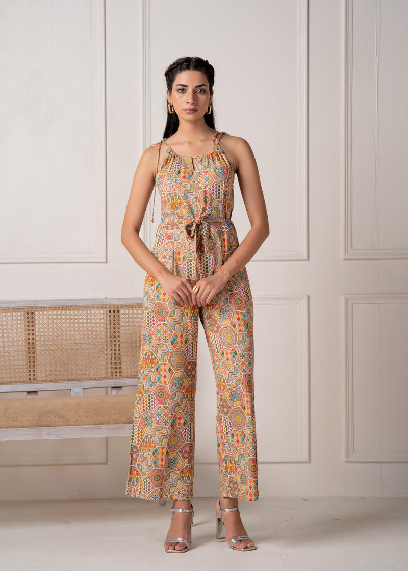 Juniper Multi Printed Abstract Viscose Jumpsuit With Belt