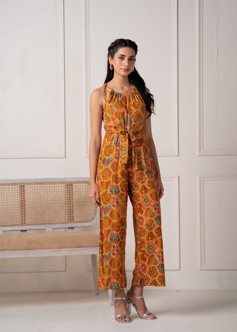 Juniper Mustard Printed Abstract Viscose Jumpsuit With Belt