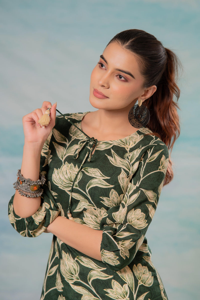 Juniper Green Floral Printed Viscose Tunic