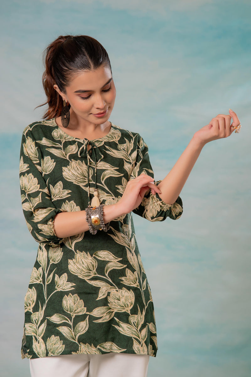 Juniper Green Floral Printed Viscose Tunic