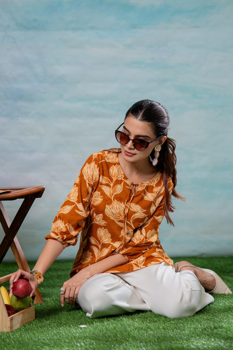 Juniper Mustard Floral Printed Viscose Tunic