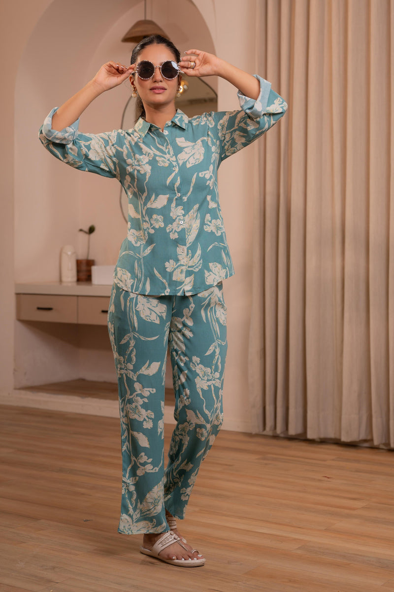 Juniper Teal Floral Printed Co-Ord Set With Button Details