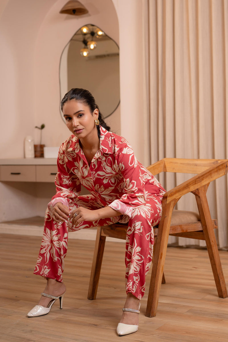 Juniper Dusty Pink Floral Printed Co-Ord Set With Button Details