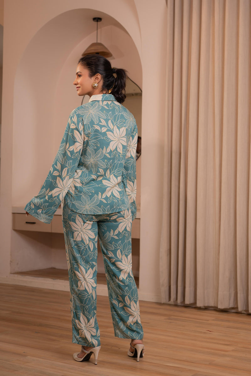Juniper Mint Floral Printed Co-Ord Set With Button Details