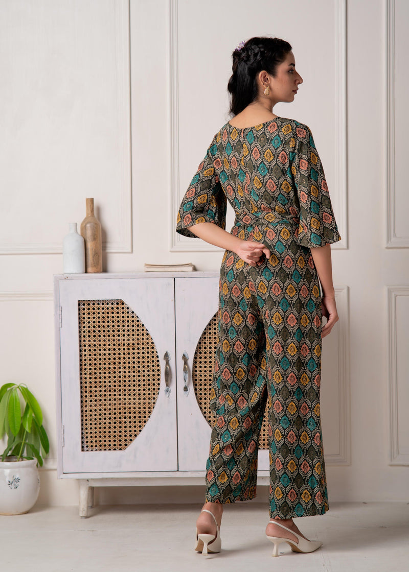 Juniper Green Floral Printed Viscose Jumpsuit With Belt