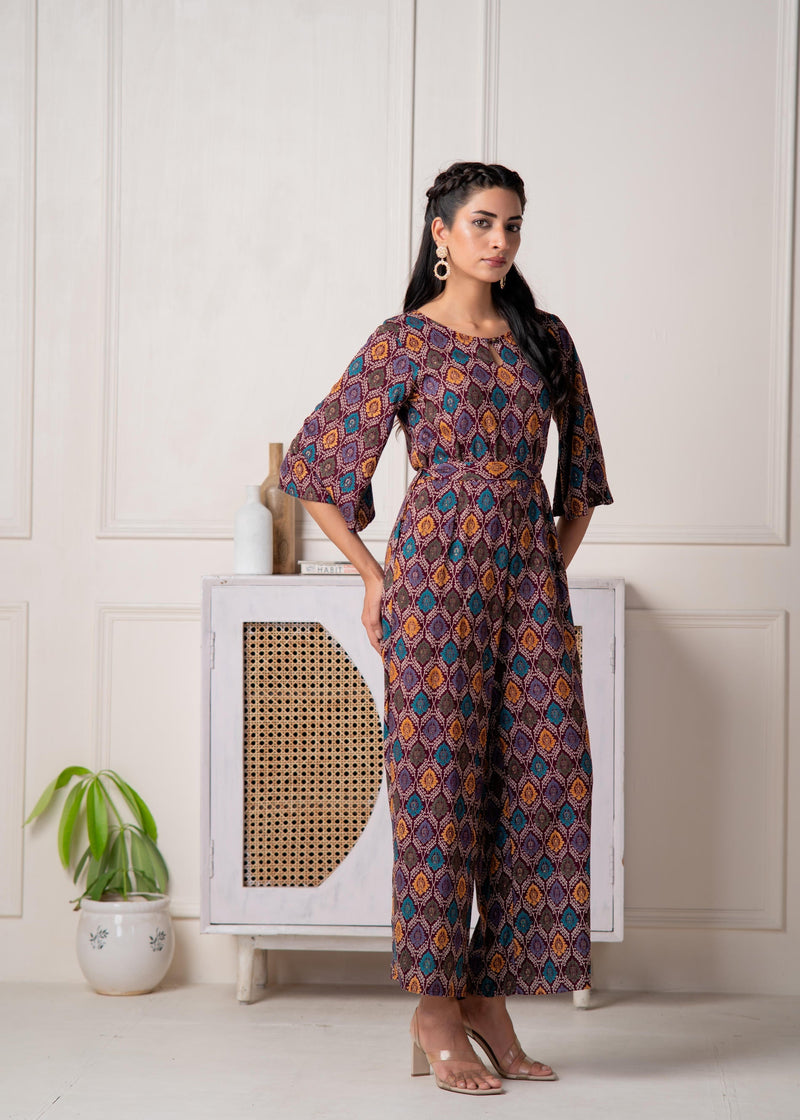 Juniper Wine Floral Printed Viscose Jumpsuit With Belt