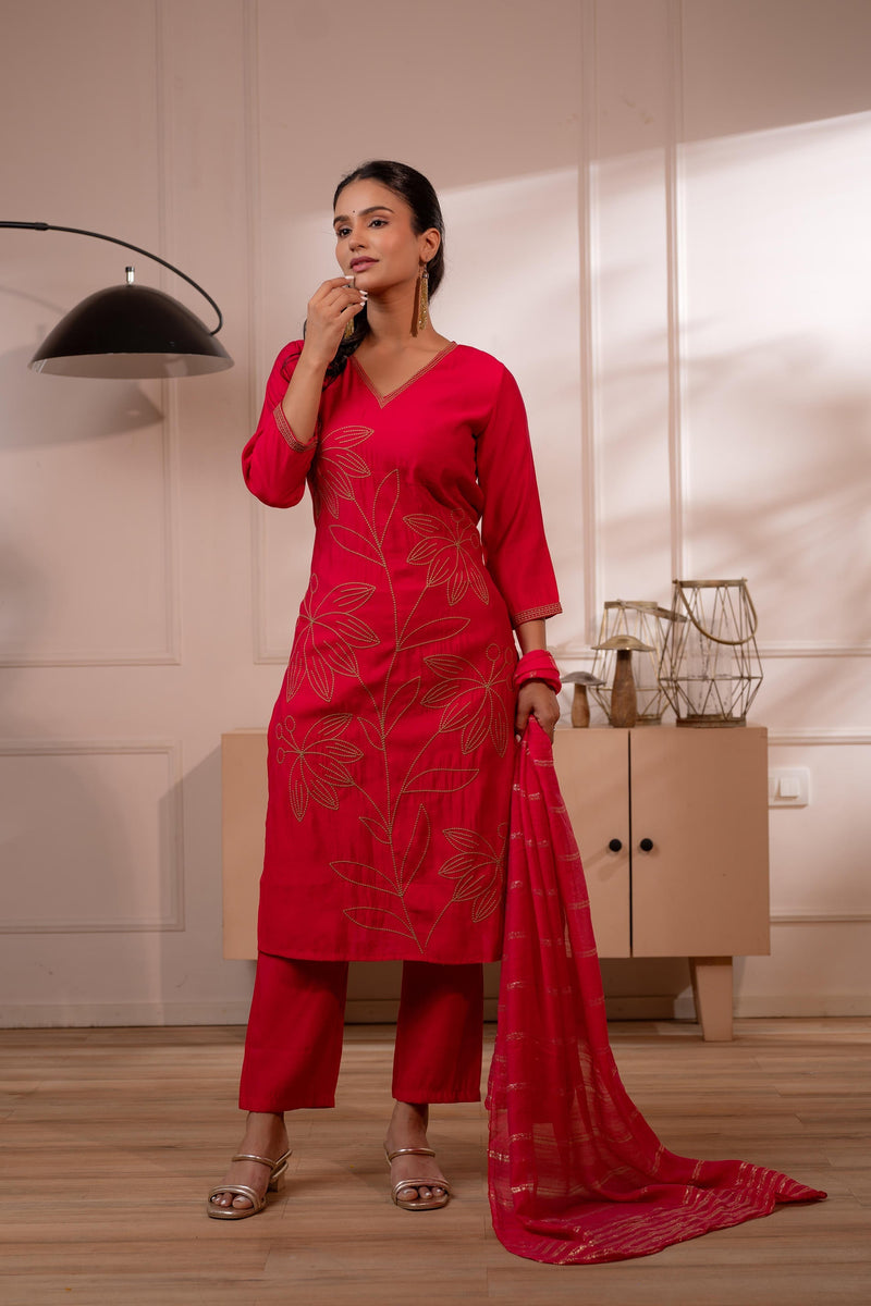 Juniper Fuchsia Solid Embroidered Straight Kurta Pant And Dupatta Set With Thread Work