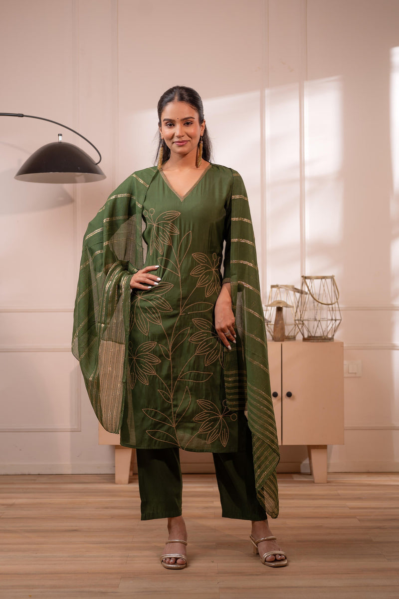 Juniper Green Solid Embroidered Straight Kurta Pant And Dupatta Set With Thread Work