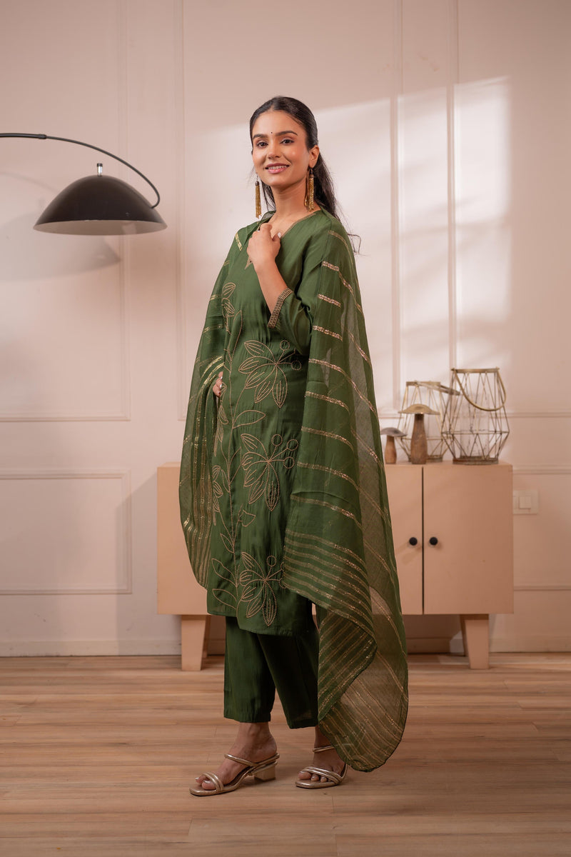 Juniper Green Solid Embroidered Straight Kurta Pant And Dupatta Set With Thread Work