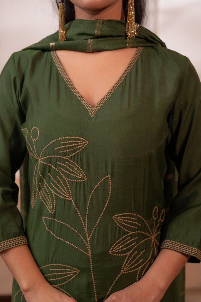 Juniper Green Solid Embroidered Straight Kurta Pant And Dupatta Set With Thread Work