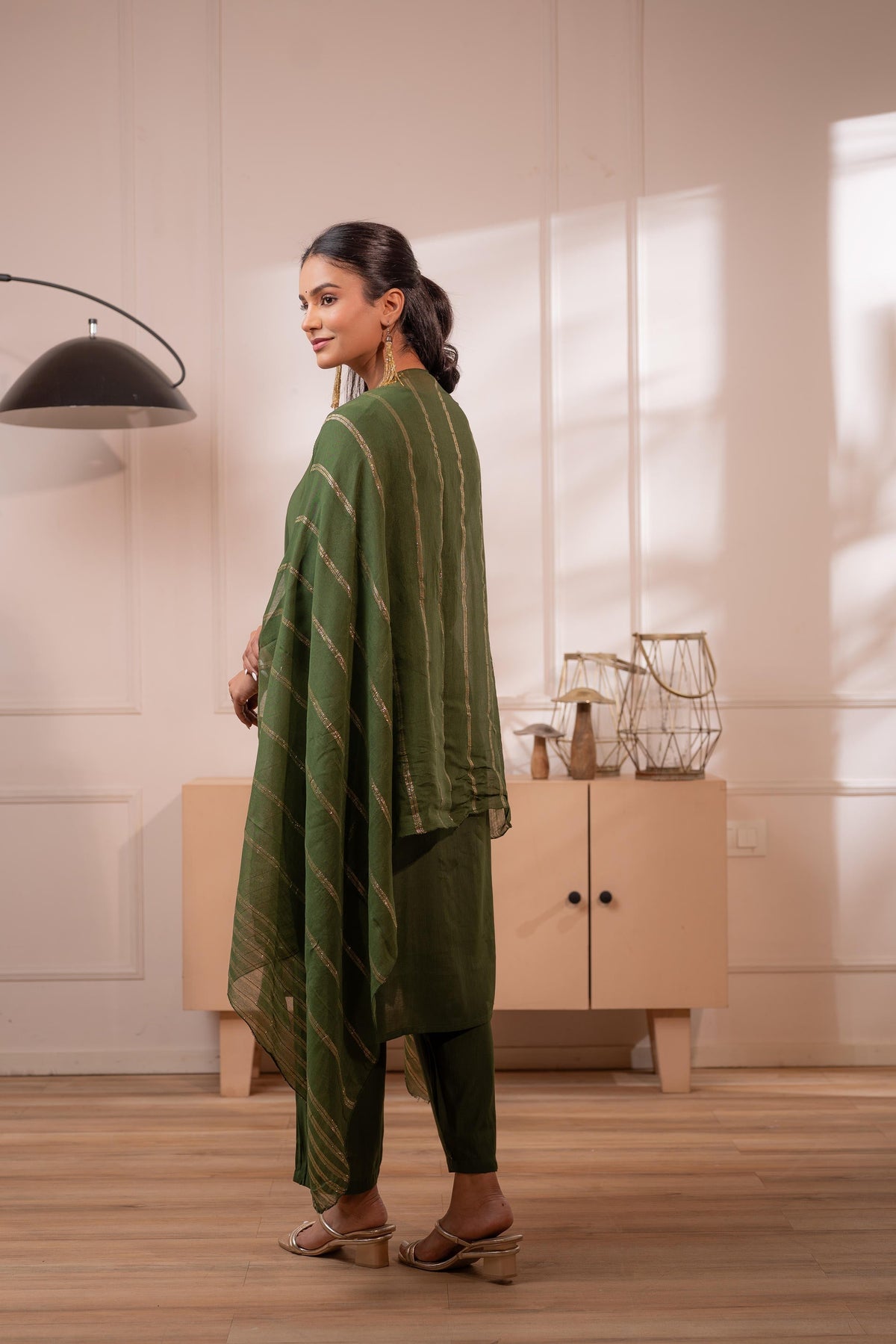 Juniper Green Solid Embroidered Straight Kurta Pant And Dupatta Set With Thread Work
