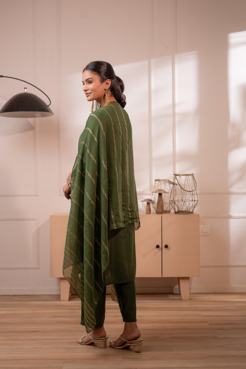 Juniper Green Solid Embroidered Straight Kurta Pant And Dupatta Set With Thread Work