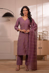 Juniper Plum Solid Embroidered Straight Kurta Pant And Dupatta Set With Thread Work