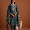 Juniper Green Poly Viscose Straight Kurta Pant And Dupatta Set With Thread & Sequence Work