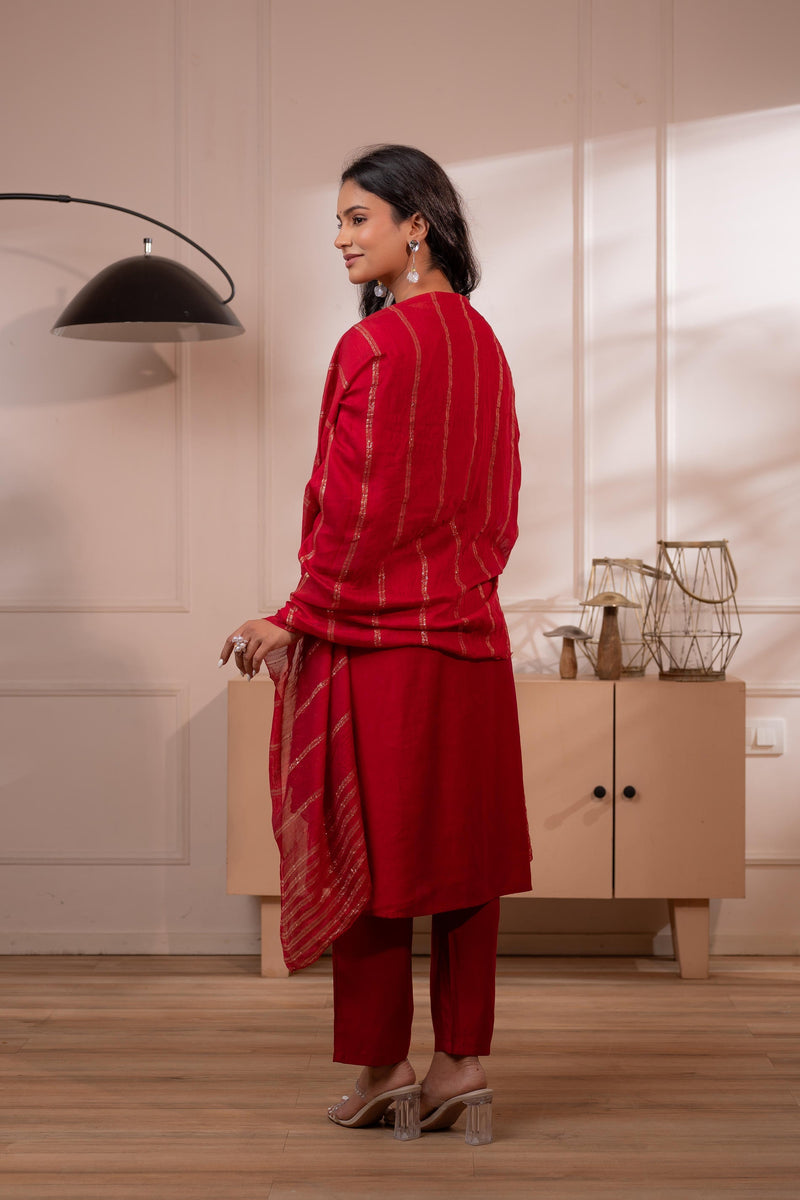 Juniper Maroon Solid Embroidered Straight Kurta Pant And Dupatta Set With Thread Work
