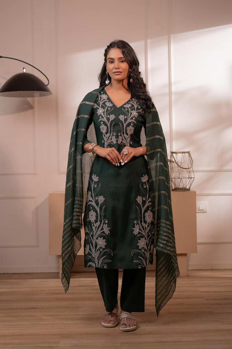 Juniper Mehandi Green Solid Embroidered Straight Kurta Pant And Dupatta Set With Thread Work