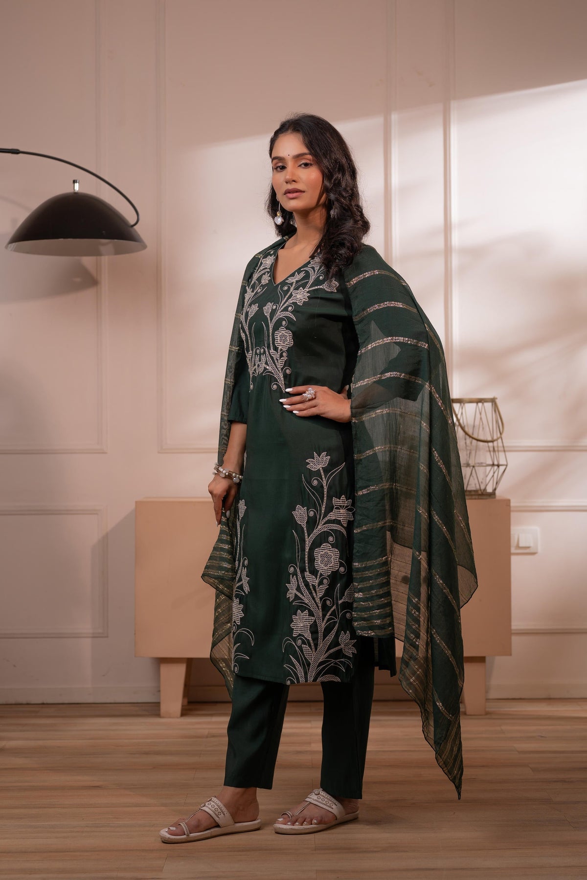 Juniper Mehandi Green Solid Embroidered Straight Kurta Pant And Dupatta Set With Thread Work