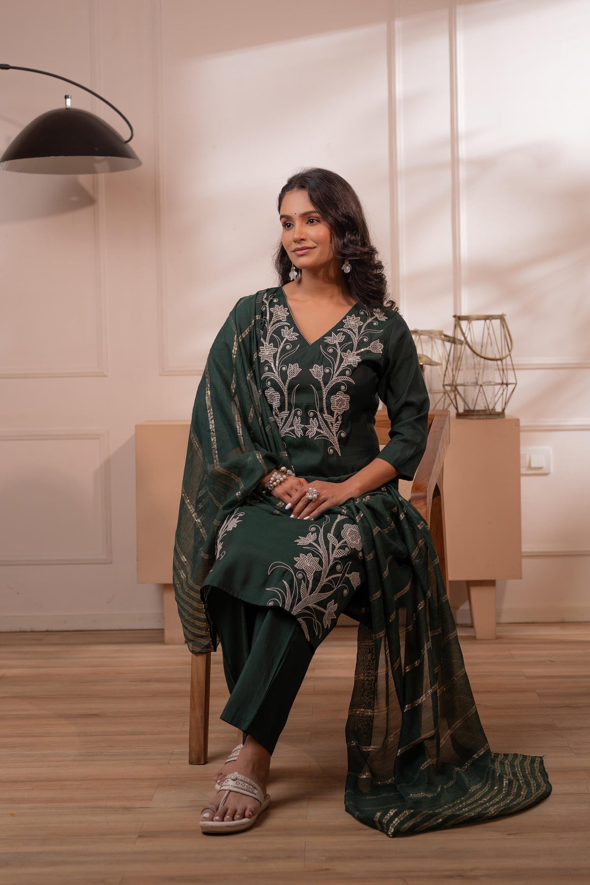 Juniper Mehandi Green Solid Embroidered Straight Kurta Pant And Dupatta Set With Thread Work