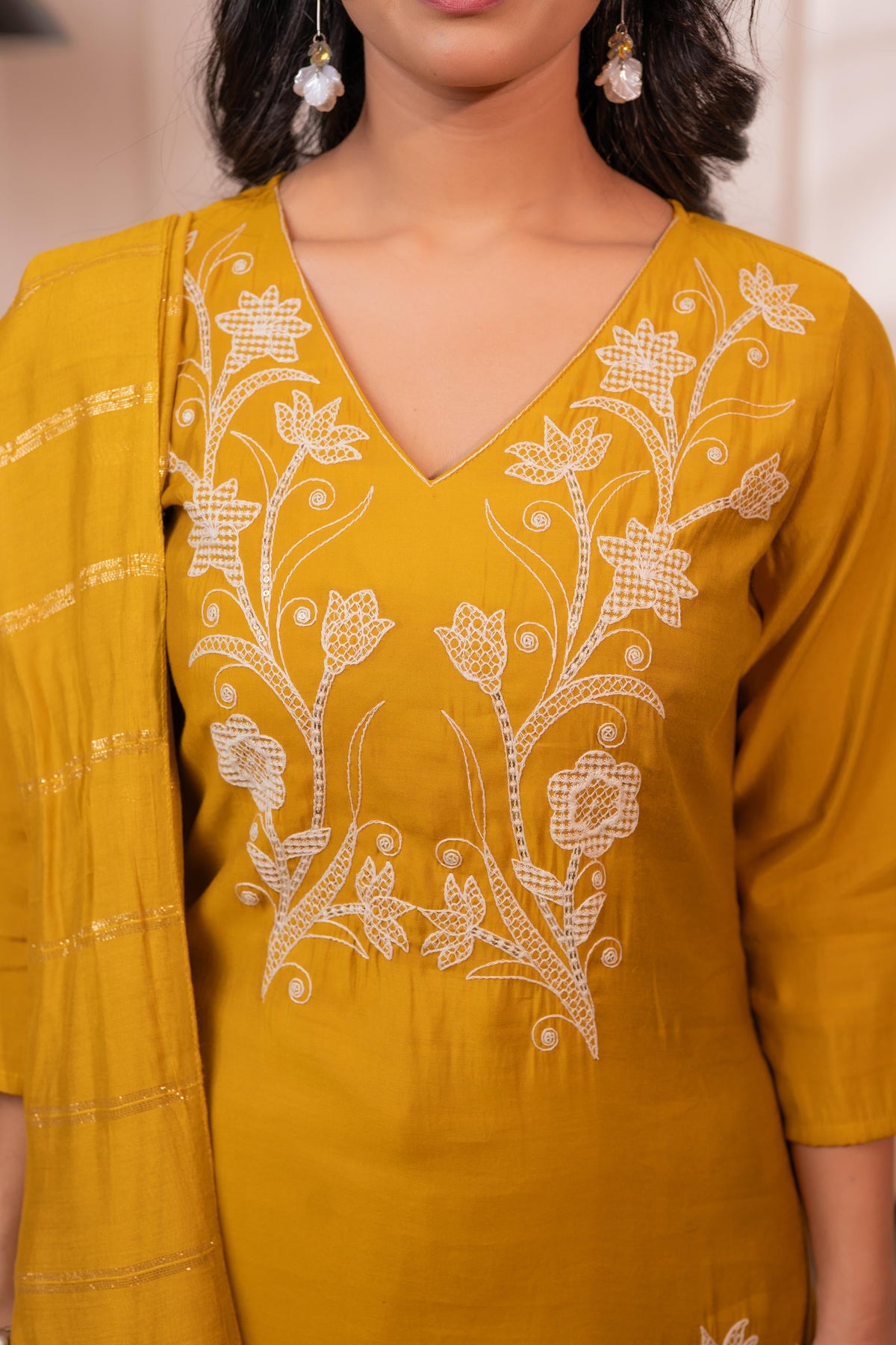 Juniper Mustard Solid Embroidered Straight Kurta Pant And Dupatta Set With Thread Work