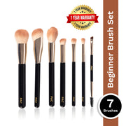 Set of makeup brushes with black handles and wooden tips, featuring a 'PAC' logo, on a white background with a brown banner on the right side displaying product details.