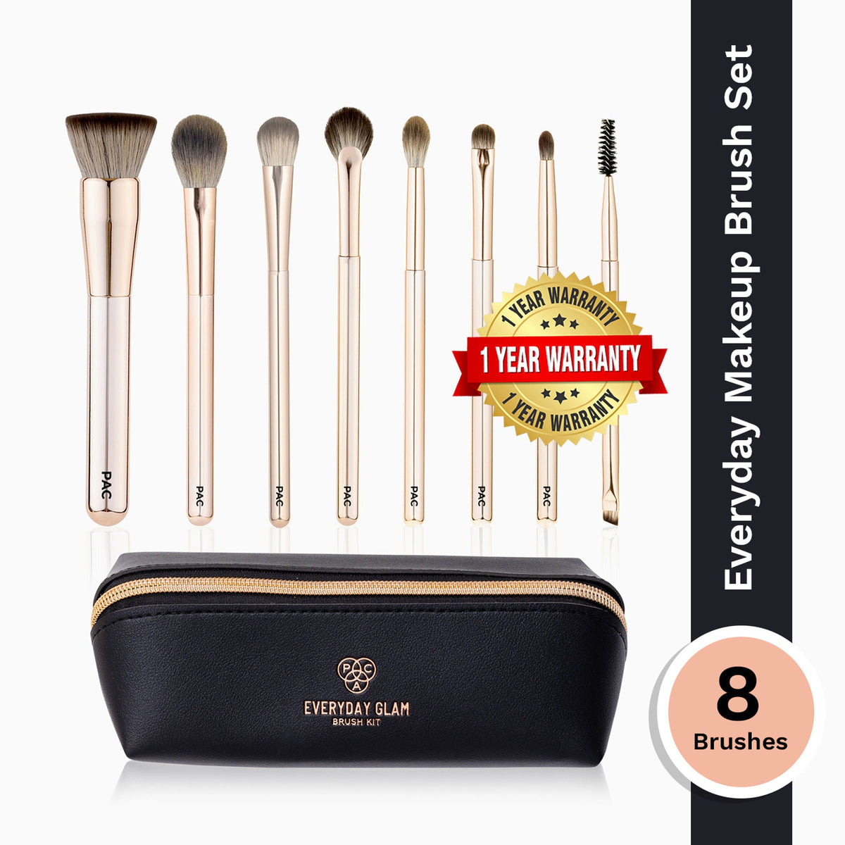 Makeup brush set with black pouch and 'Everyday Glam' branding, featuring a 1-year warranty badge.