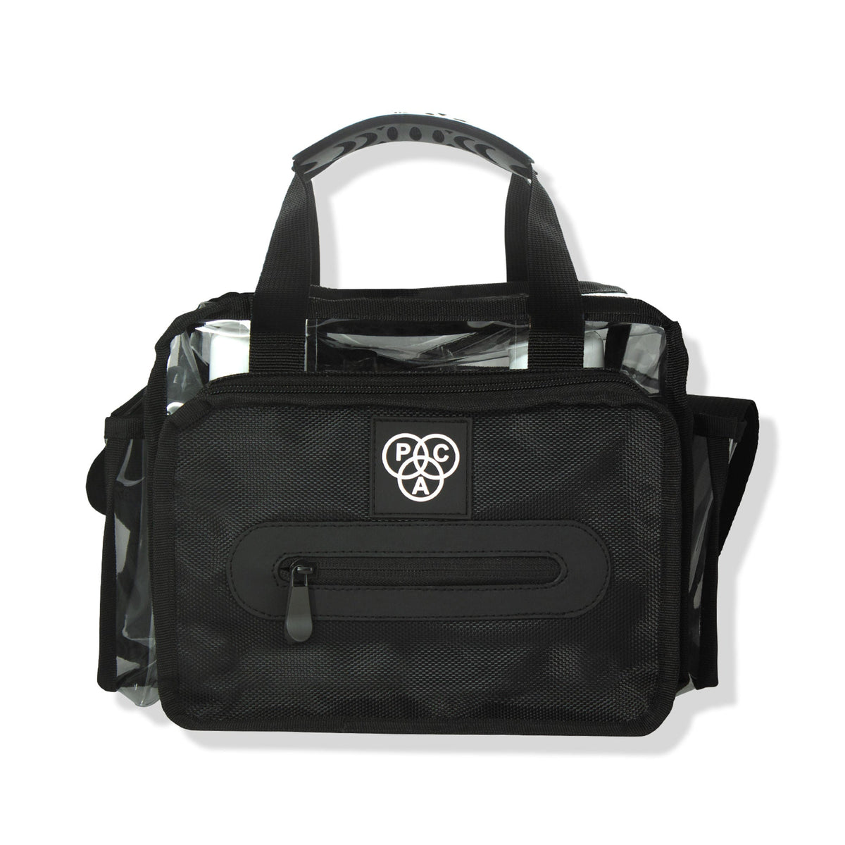 Black mesh bag with a logo on a white background