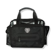 Black mesh bag with a logo on a white background