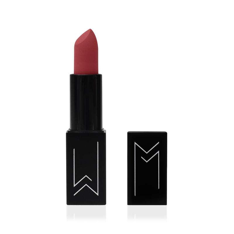Lipstick with black case and visible brand logo on a white background
