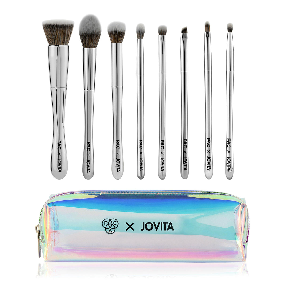 Set of makeup brushes with a colorful pouch on a white background