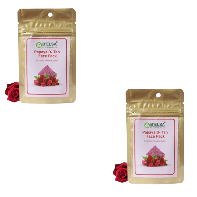 Two packages of Belsa Papaya D-Tan Face Pack with red roses on a white background