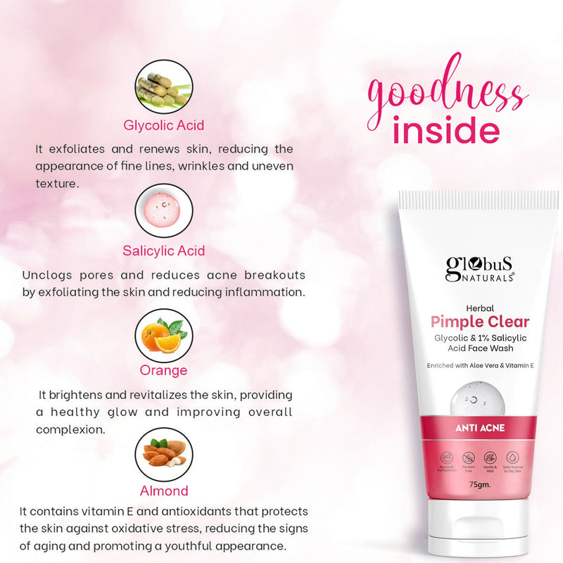 Globus Naturals Herbal Pimple Clear Glycolic & 1% Salicylic Acid Face Wash