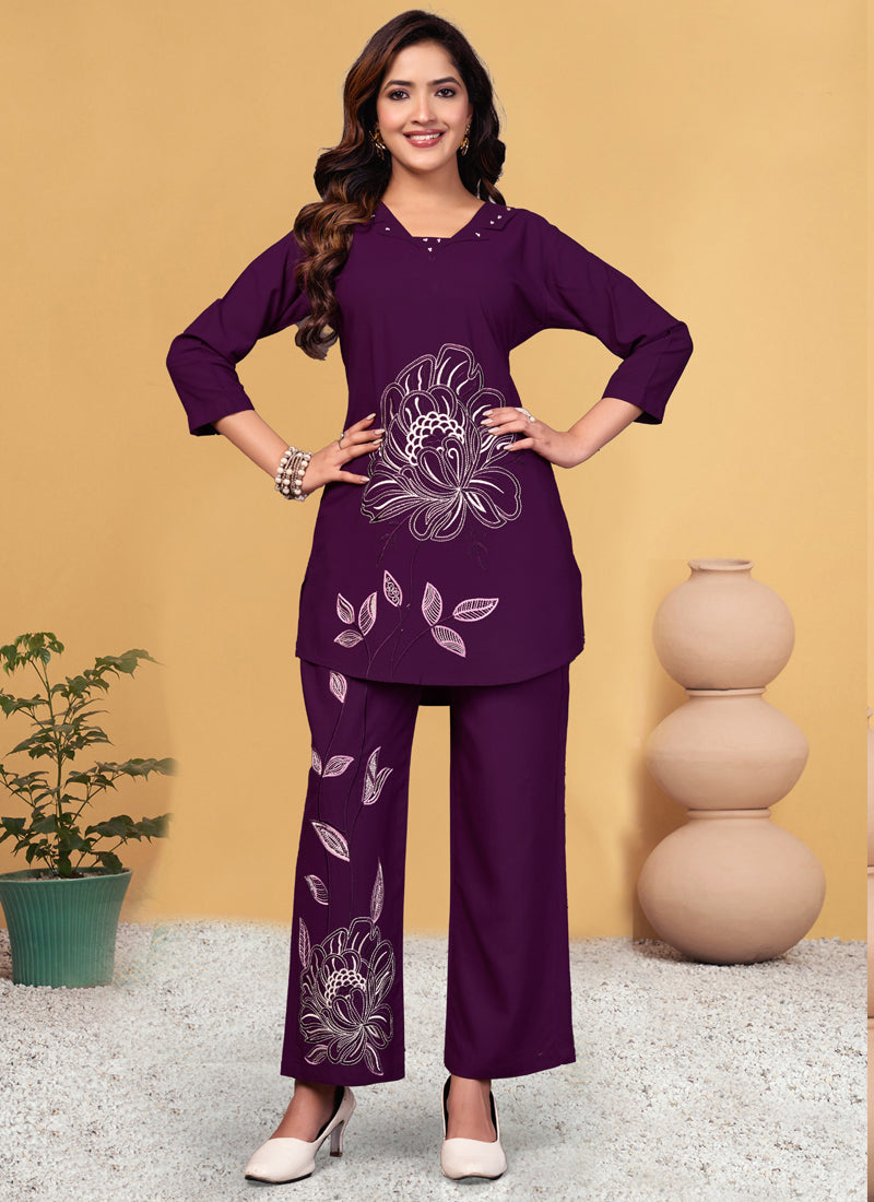 Prazu Fashion Purple Viscose Rayon Embroidery Thread Work Co-Ords Set