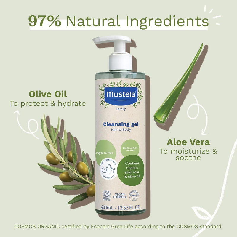 Mustela Certified Organic Cleansing Gel For Hair & Body Wash With Olive Oil & Aloe Vera