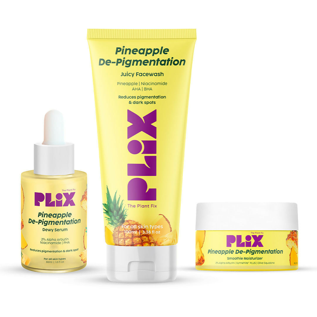 Plix Pineapple De-Pigmentation skincare products on a white background