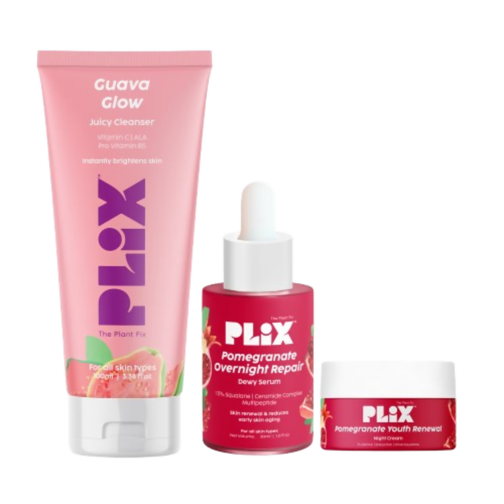 Plix skincare products including a tube, dropper bottle, and jar on a white background