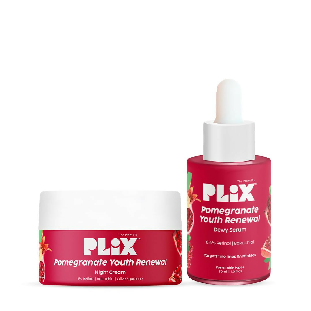 Plix Pomegranate Youth Renewal Night Cream and Dewy Serum on a white background
