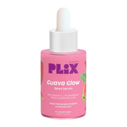Pink serum bottle with dropper labeled 'Plix Guava Glow Dewy Serum' on a white background