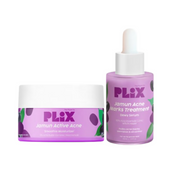 Plix skincare products including a jar and a dropper bottle on a white background