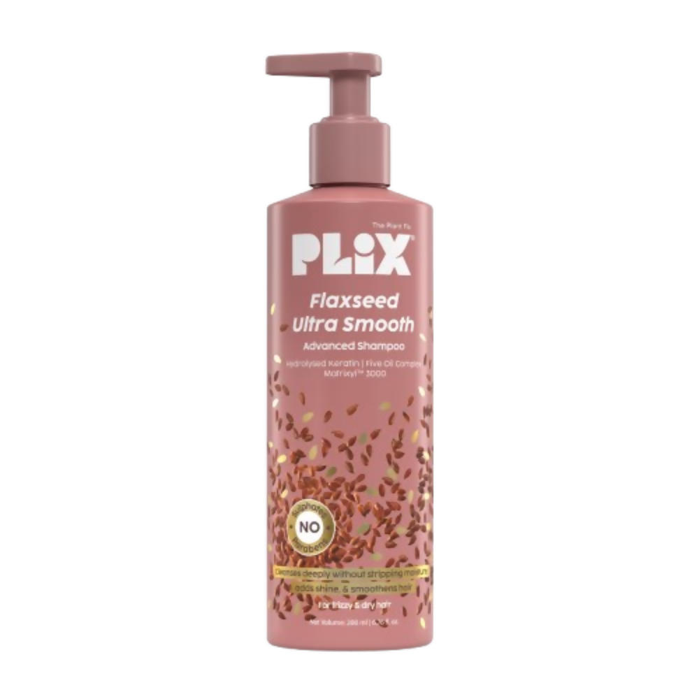 Plix Flaxseed Ultra Smooth shampoo bottle on a white background
