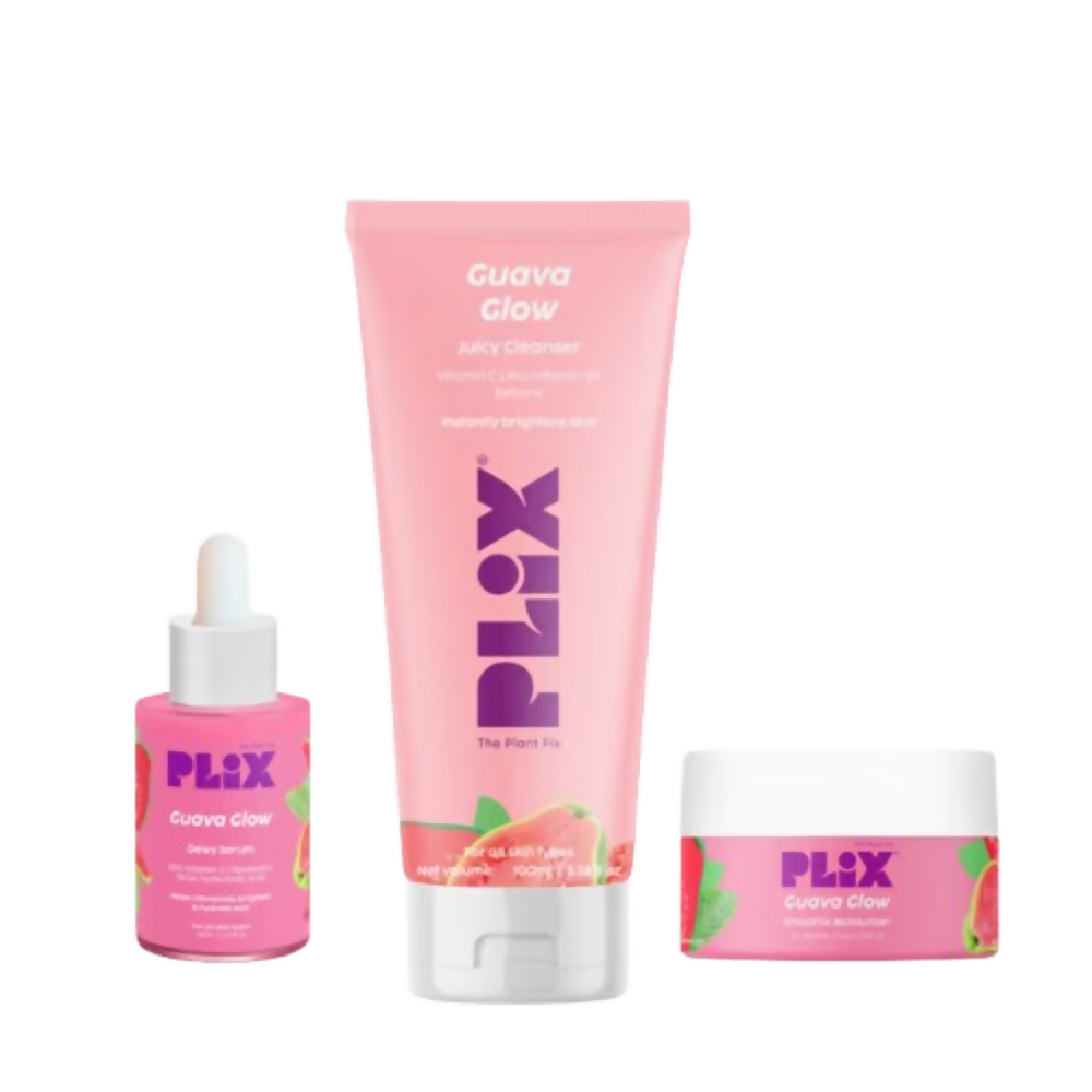 Plix skincare products including a tube, dropper bottle, and jar on a white background