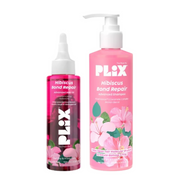 Two bottles of Plix Hibiscus Bond Repair shampoo on a white background