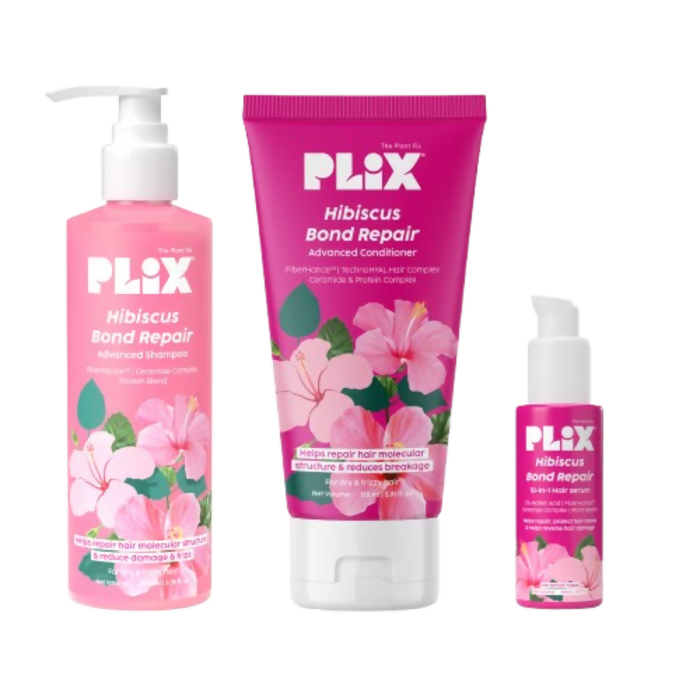 Plix Hibiscus Bond Repair hair care products on a white background